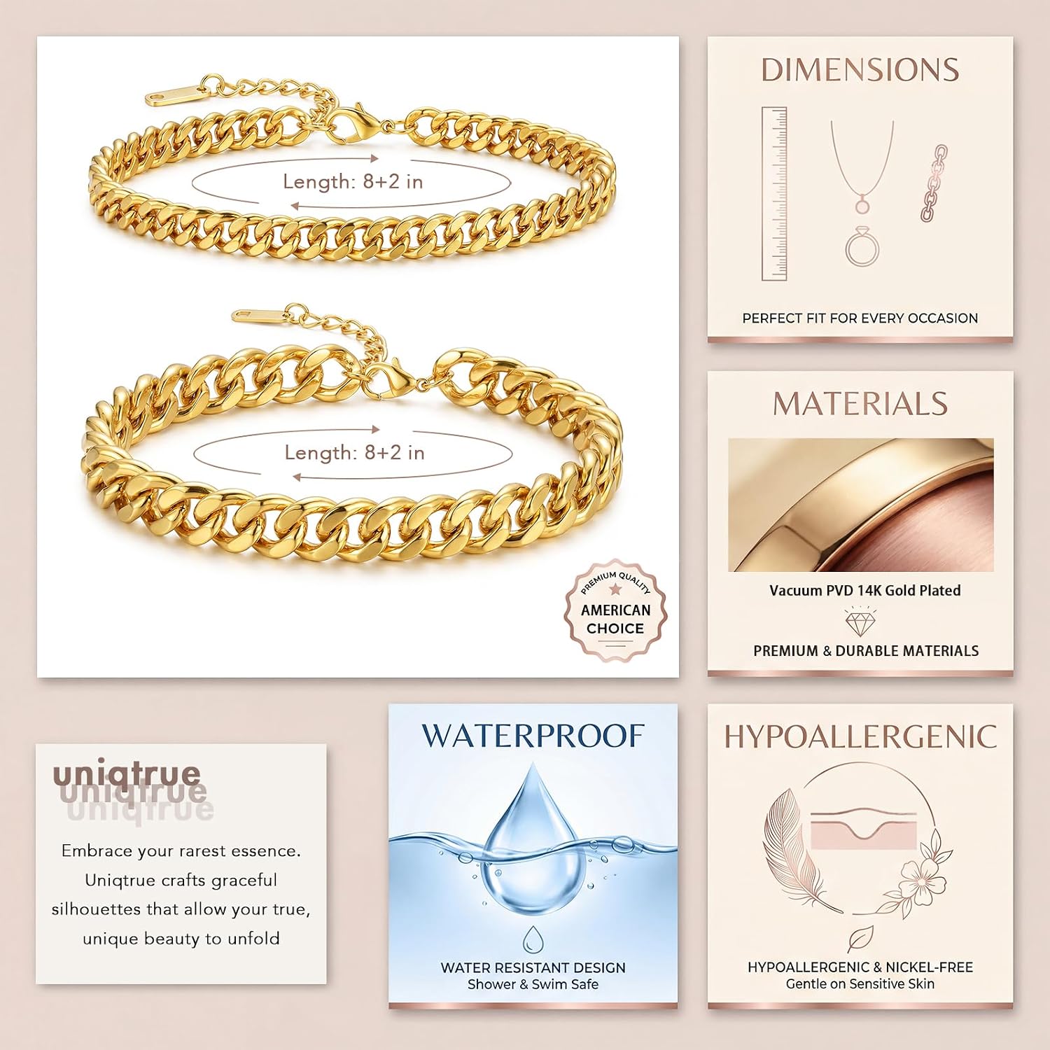 uniqtrue Layered Ankle Bracelets for Women Waterproof, 14K Gold/Silver Plated Cuban Chain Anklets Beaded Set Dainty Trendy Beach Summer Fashion Jewelry Gift