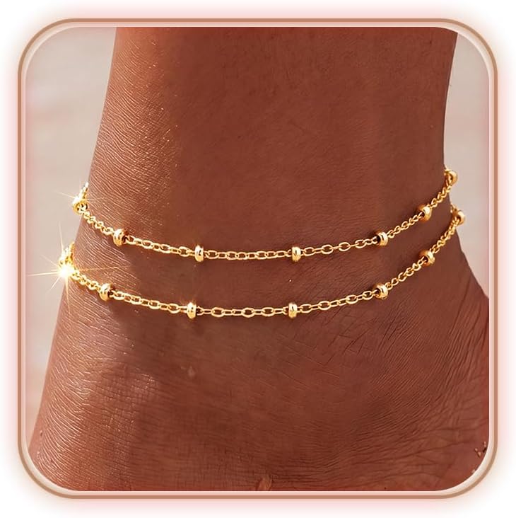 uniqtrue Layered Ankle Bracelets for Women Waterproof, 14K Gold/Silver Plated Cuban Chain Anklets Beaded Set Dainty Trendy Beach Summer Fashion Jewelry Gift